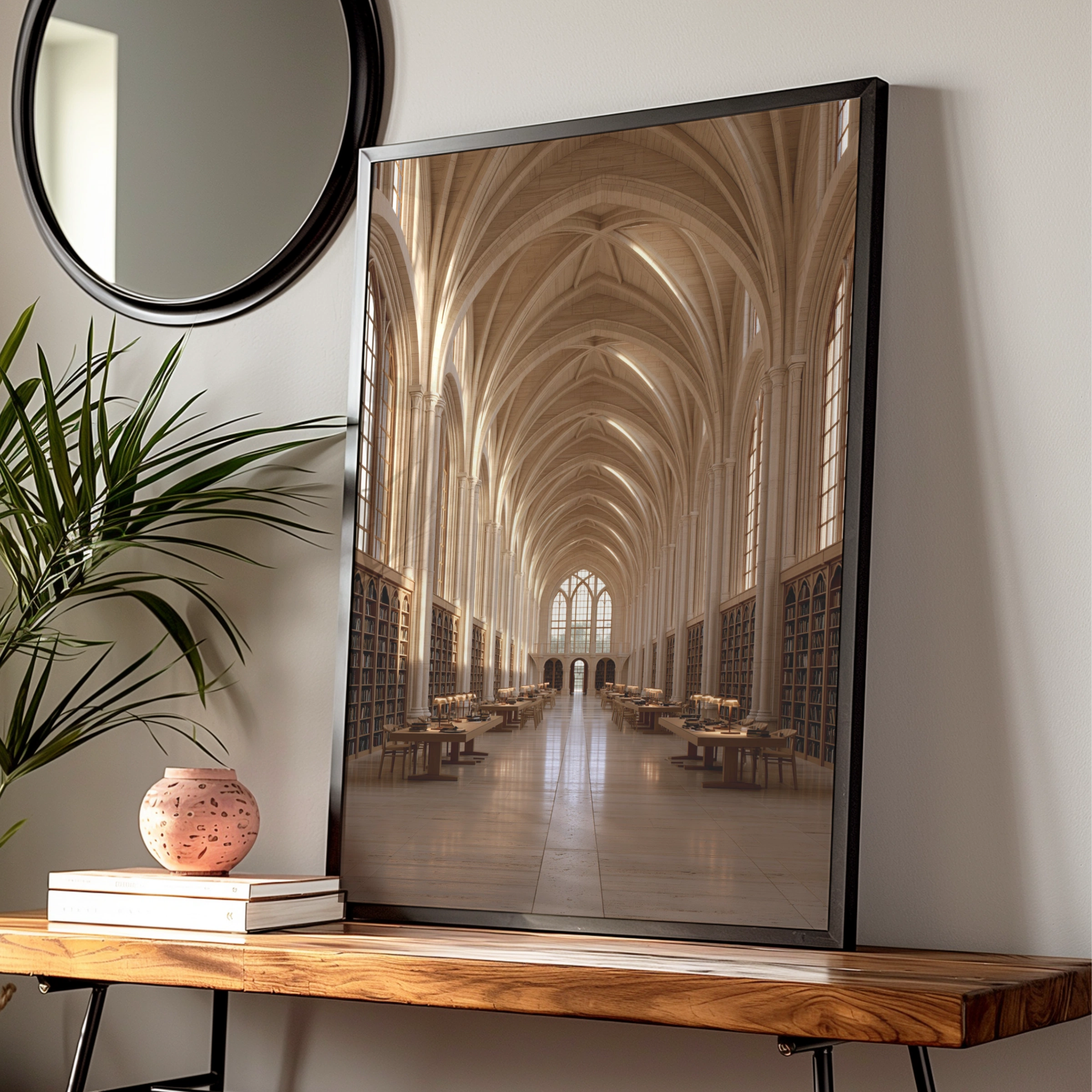 Gothic Library Interior Poster, Vaulted Ceiling Architecture Print, Warm Beige