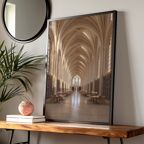 Gothic Library Interior Poster, Vaulted Ceiling Architecture Print, Warm Beige