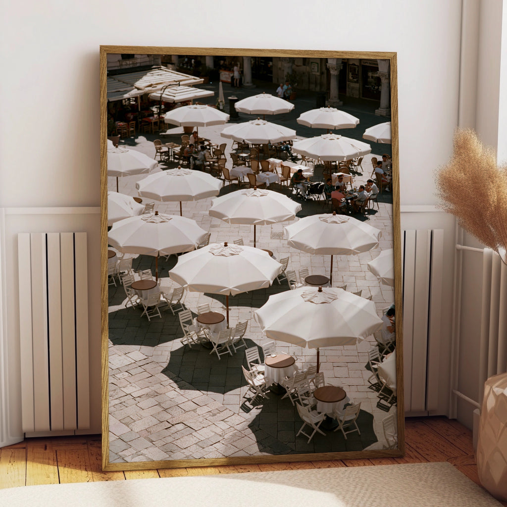 Italian Piazza White Umbrellas Wall Art Poster, Mediterranean Cafe Print