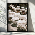 Italian Piazza White Umbrellas Wall Art Poster, Mediterranean Cafe Print