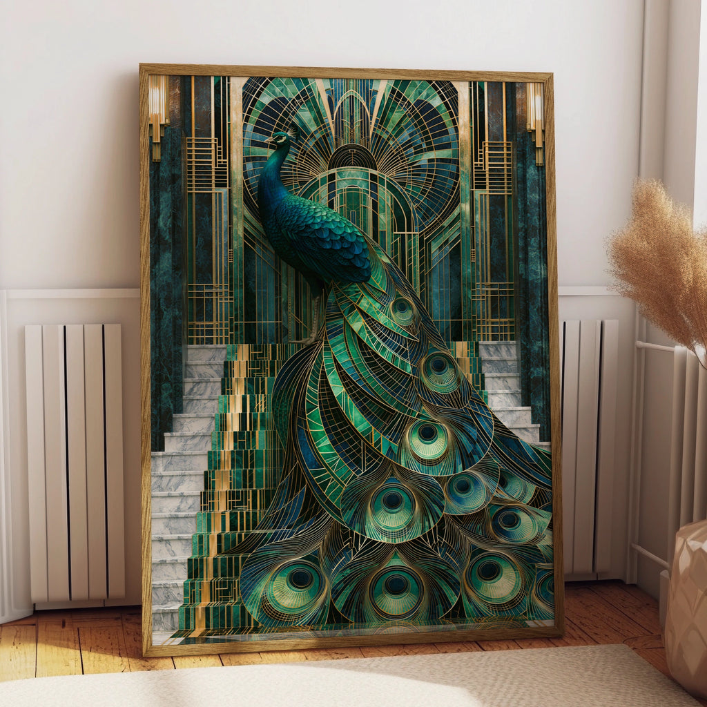 Art Deco Peacock Staircase Poster, Teal Gold Marble Architecture Print