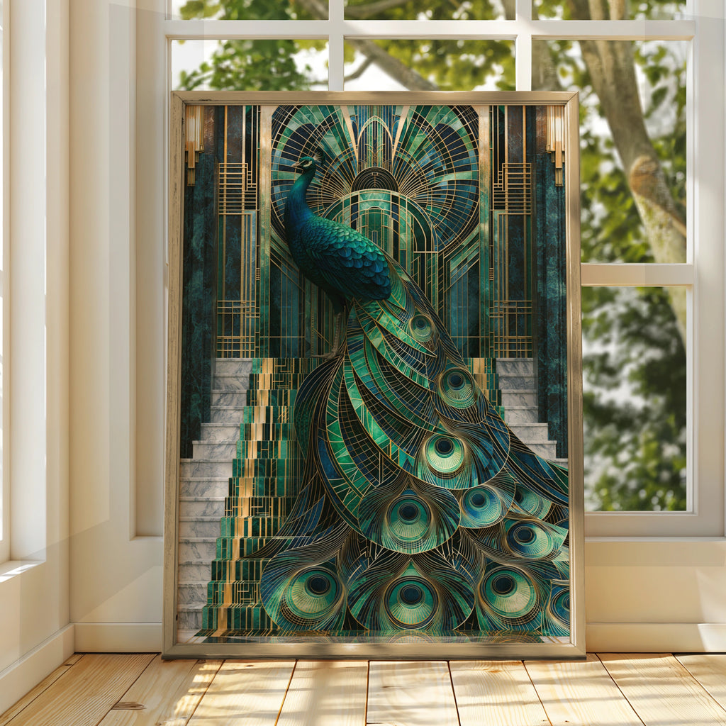 Art Deco Peacock Staircase Poster, Teal Gold Marble Architecture Print