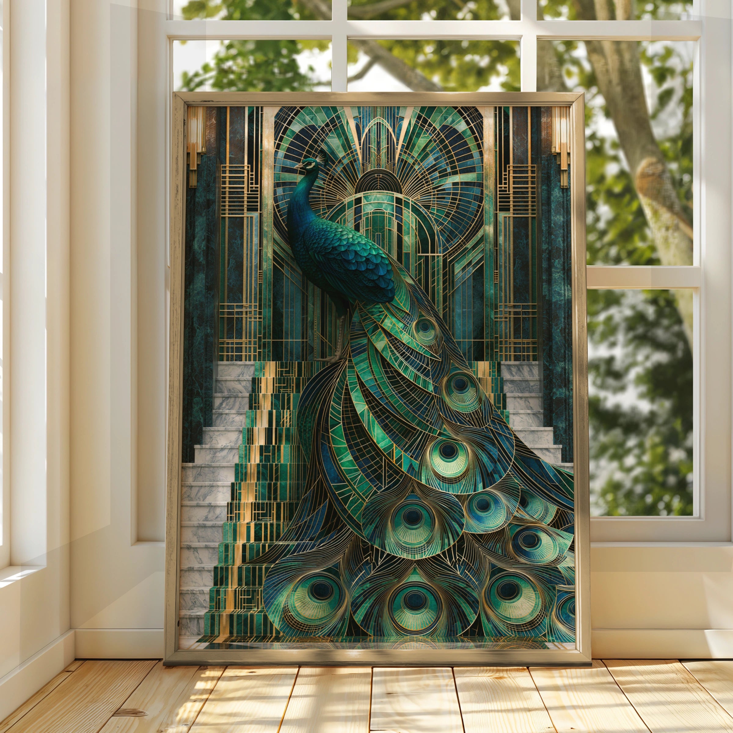 Art Deco Peacock Staircase Poster, Teal Gold Marble Architecture Print