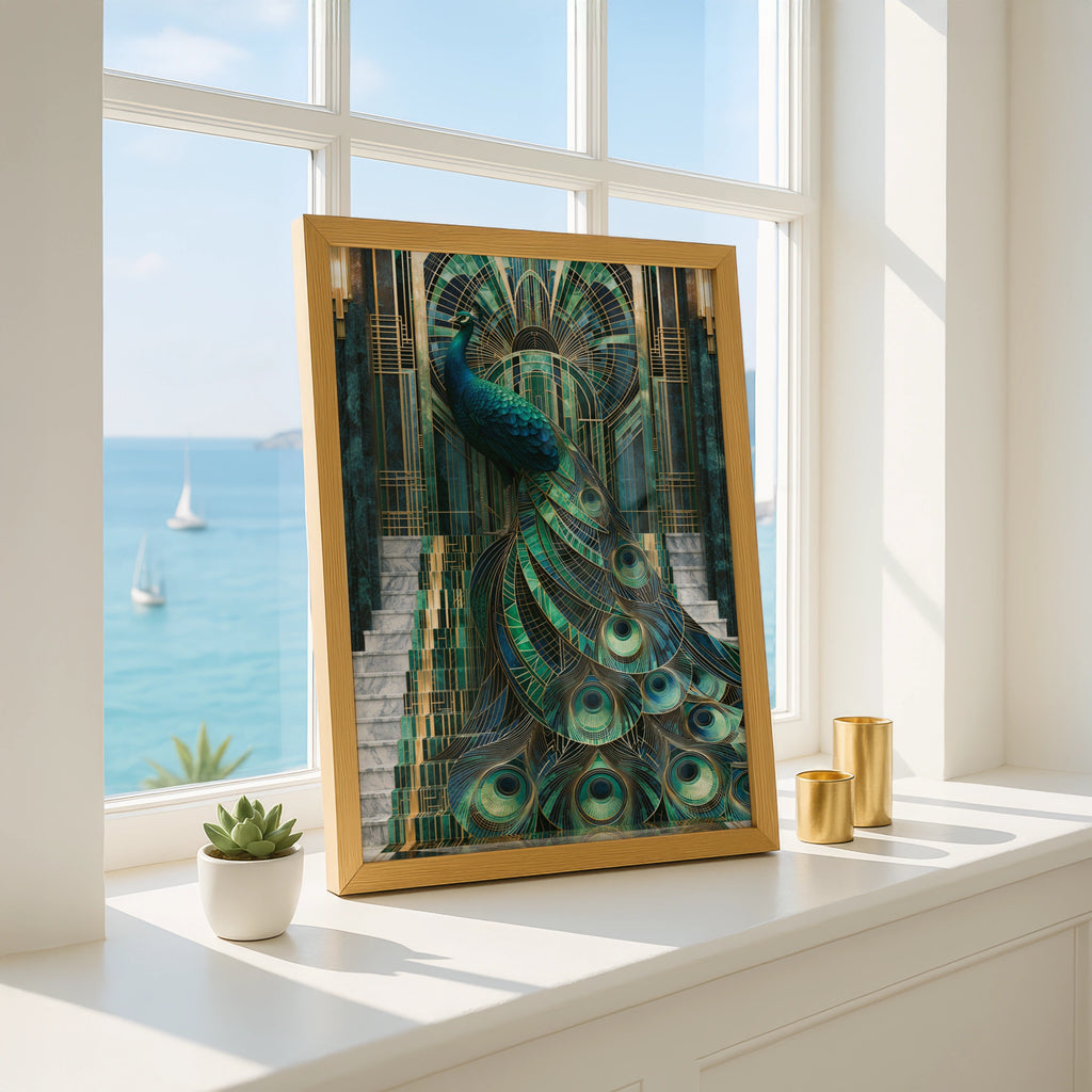 Art Deco Peacock Staircase Poster, Teal Gold Marble Architecture Print