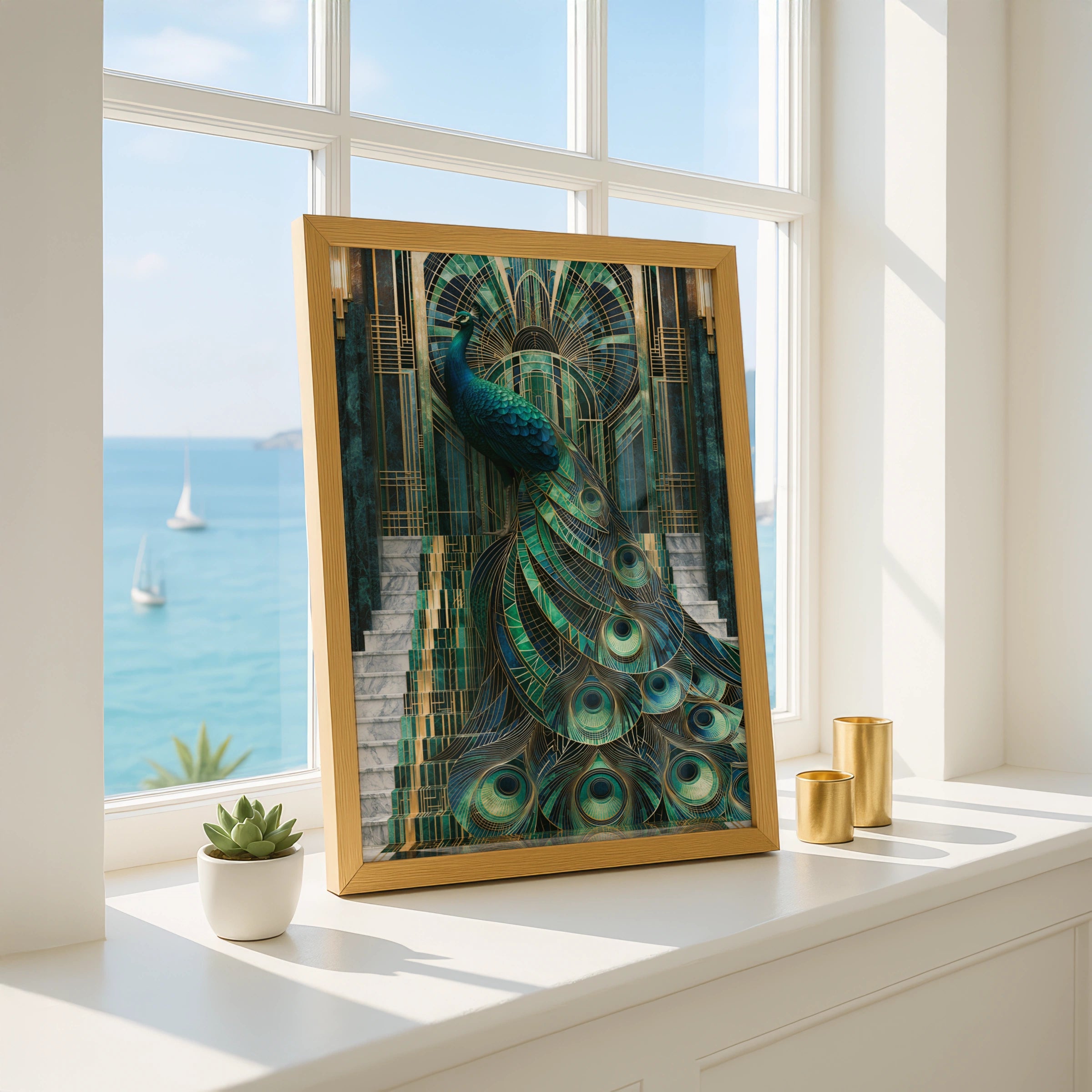 Art Deco Peacock Staircase Poster, Teal Gold Marble Architecture Print