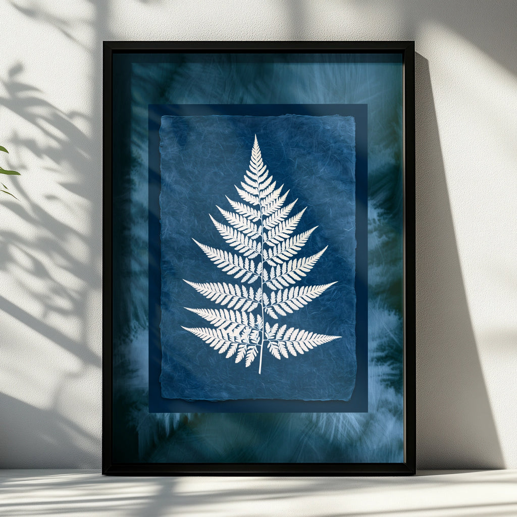 Fern Cyanotype Poster, Navy Blue White Botanical Wall Art Print