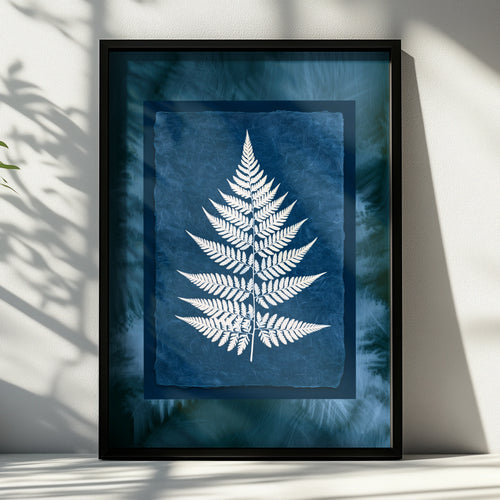 Fern Cyanotype Poster, Navy Blue White Botanical Wall Art Print
