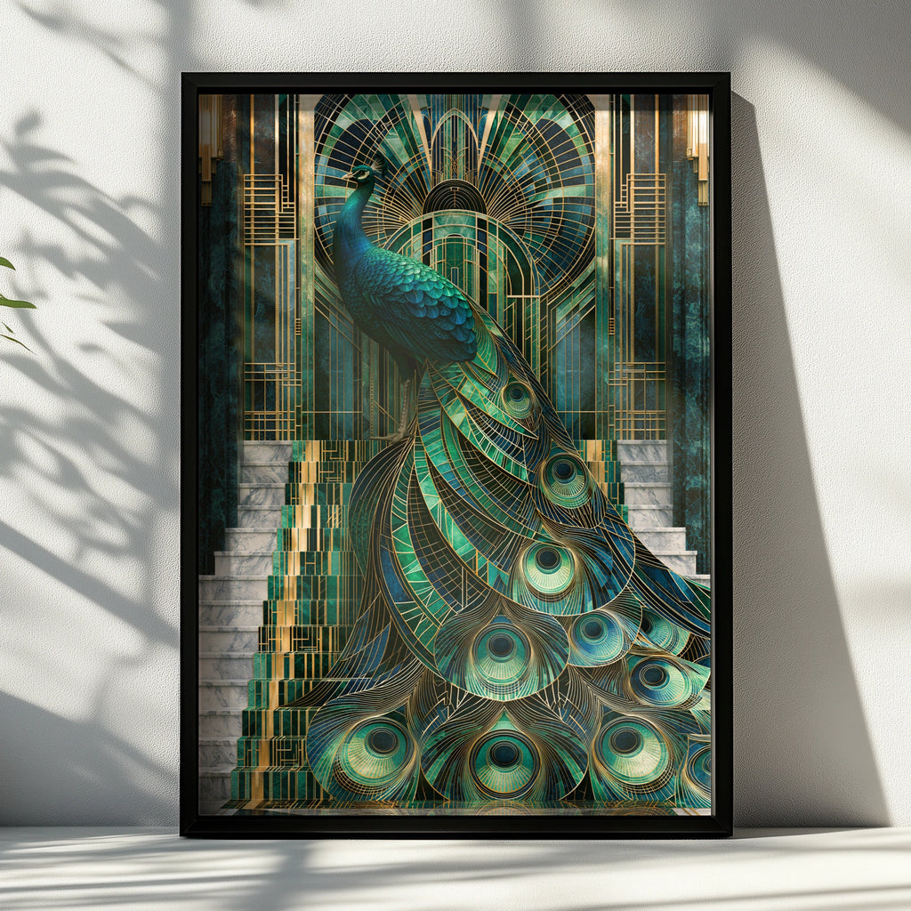 Art Deco Peacock Staircase Poster, Teal Gold Marble Architecture Print