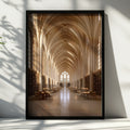 Gothic Library Interior Poster, Vaulted Ceiling Architecture Print, Warm Beige