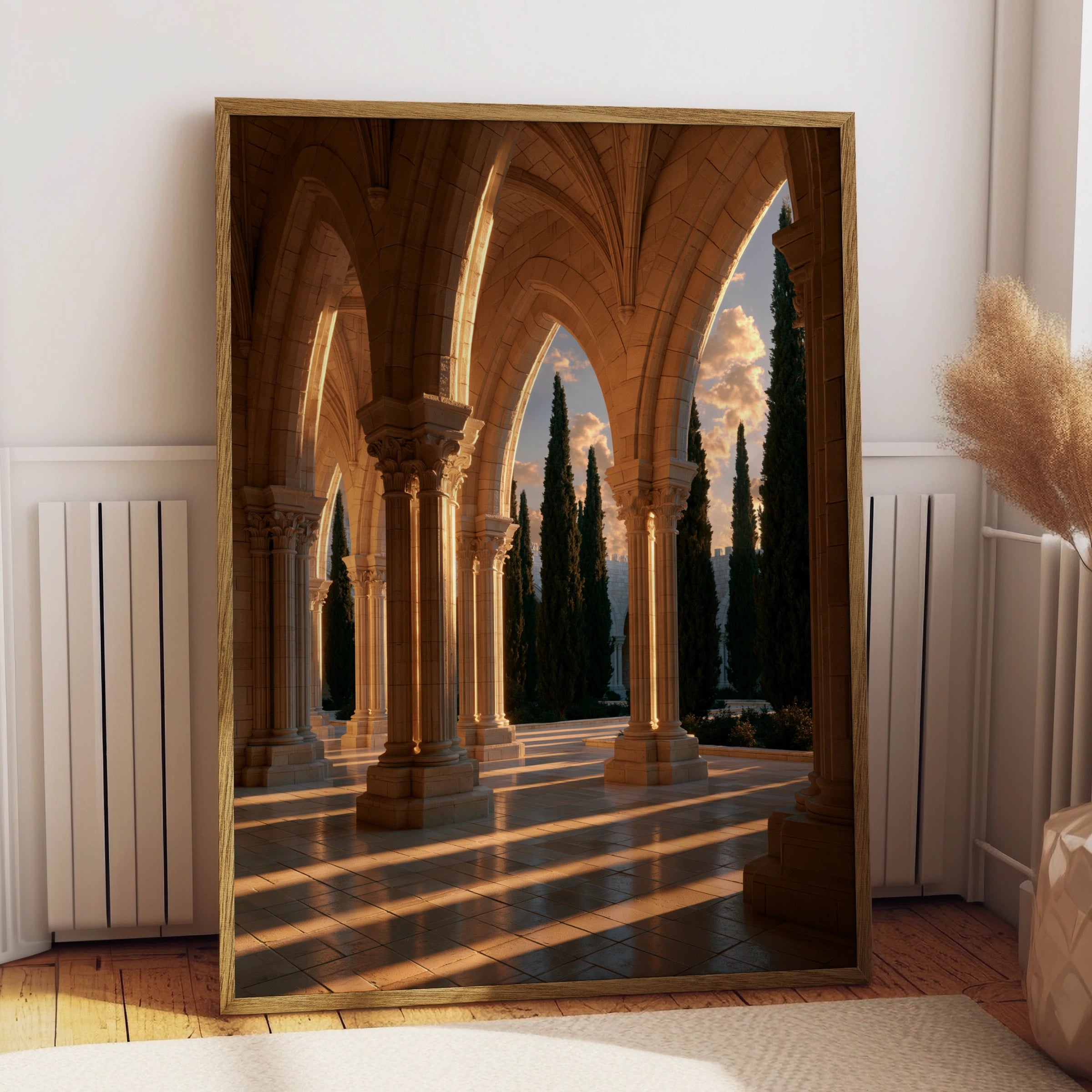 Gothic Church Cloister Poster, Travertine Arches Cypress Trees, Architecture Print
