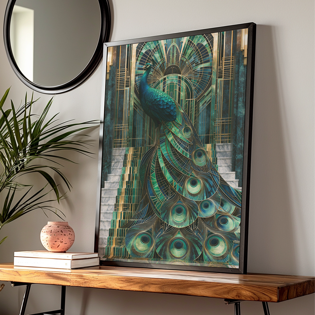 Art Deco Peacock Staircase Poster, Teal Gold Marble Architecture Print