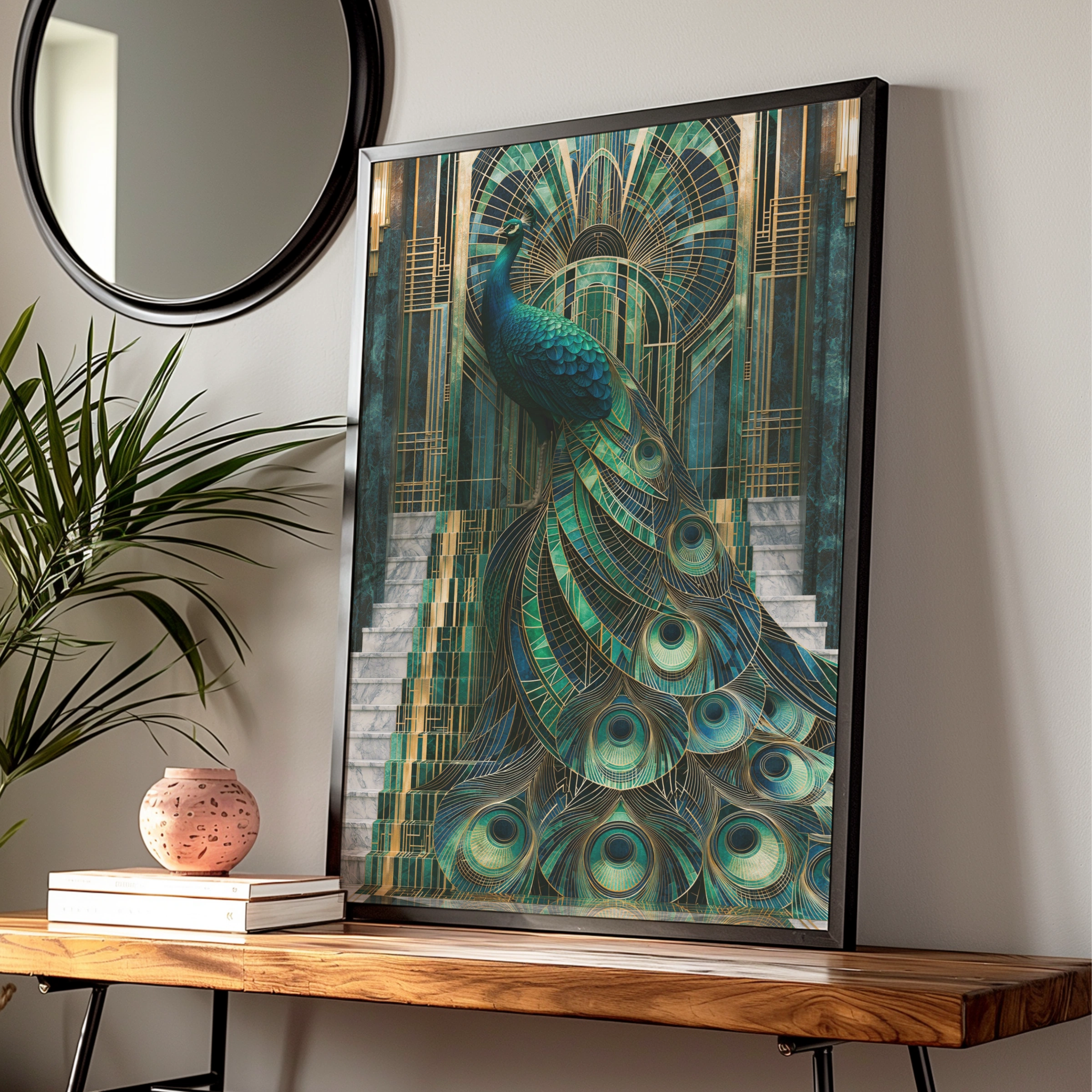 Art Deco Peacock Staircase Poster, Teal Gold Marble Architecture Print