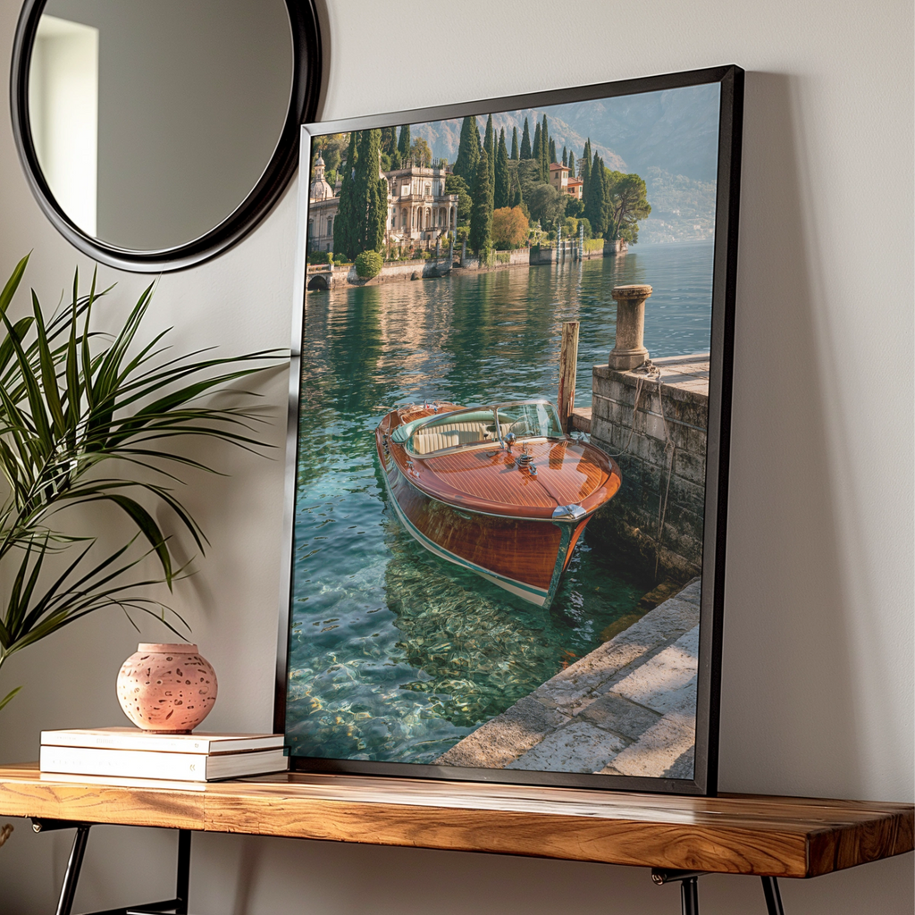 Luxury Wooden Speedboat Lake Como Italy, Wall Art Poster, Vintage Style