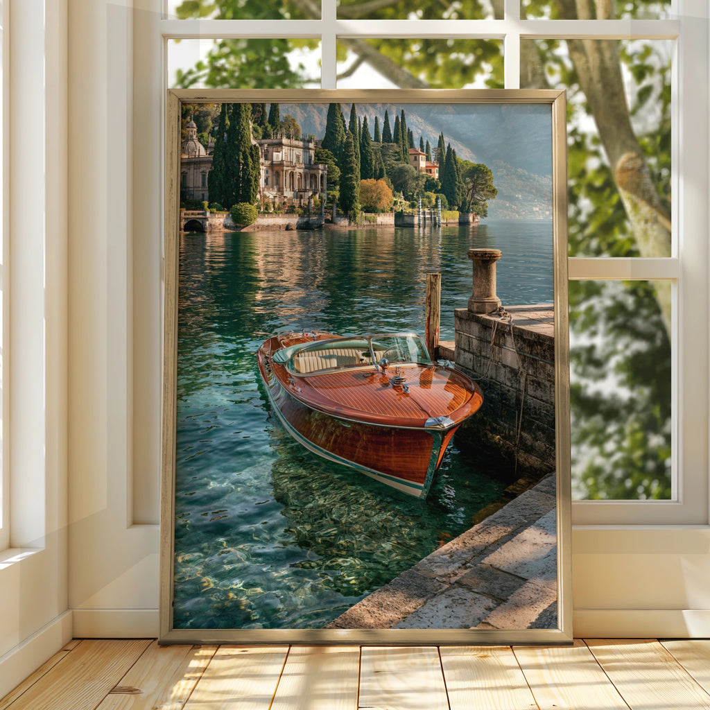 Luxury Wooden Speedboat Lake Como Italy, Wall Art Poster, Vintage Style