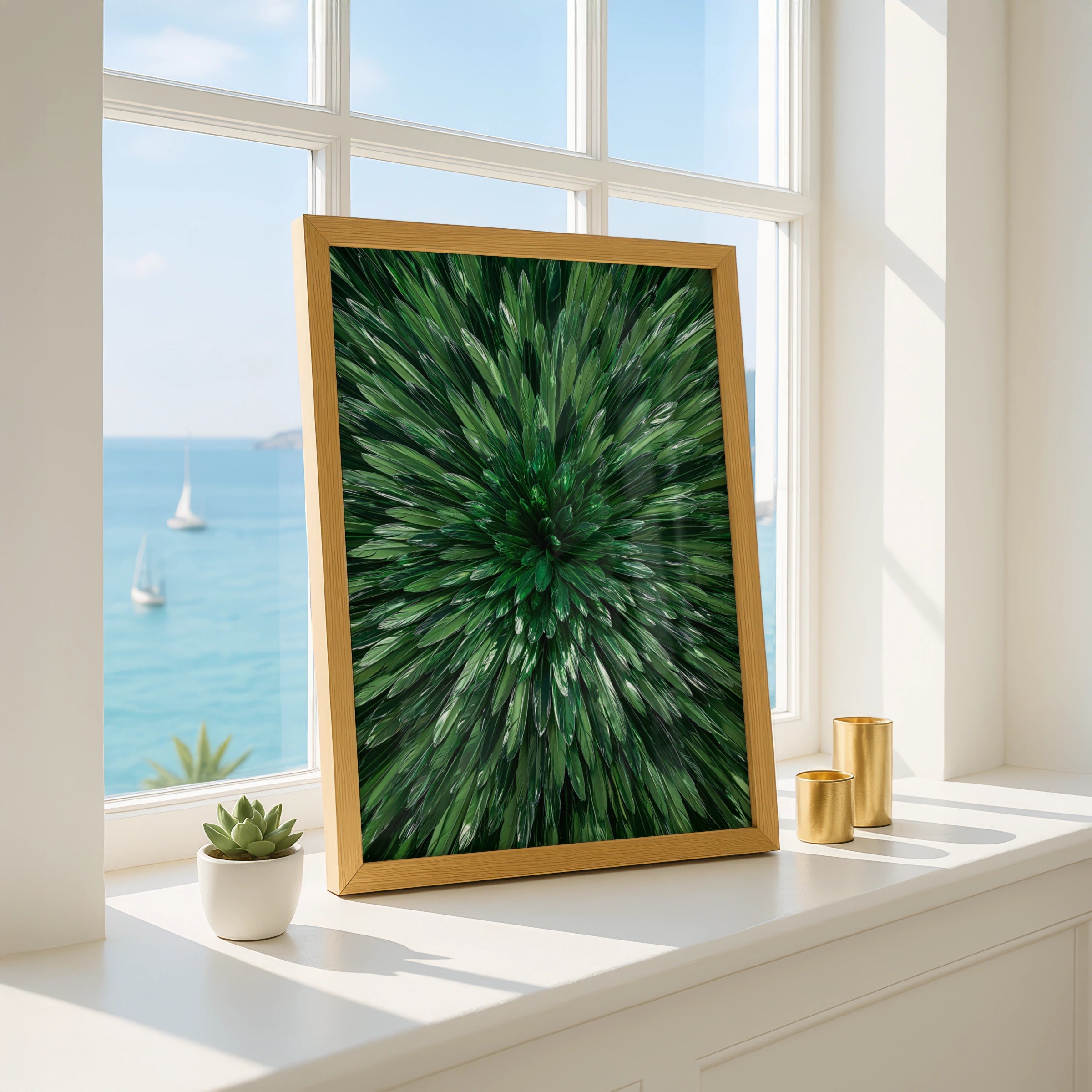 Green Feather Burst Wall Art Poster, Emerald Mirror Abstract Print
