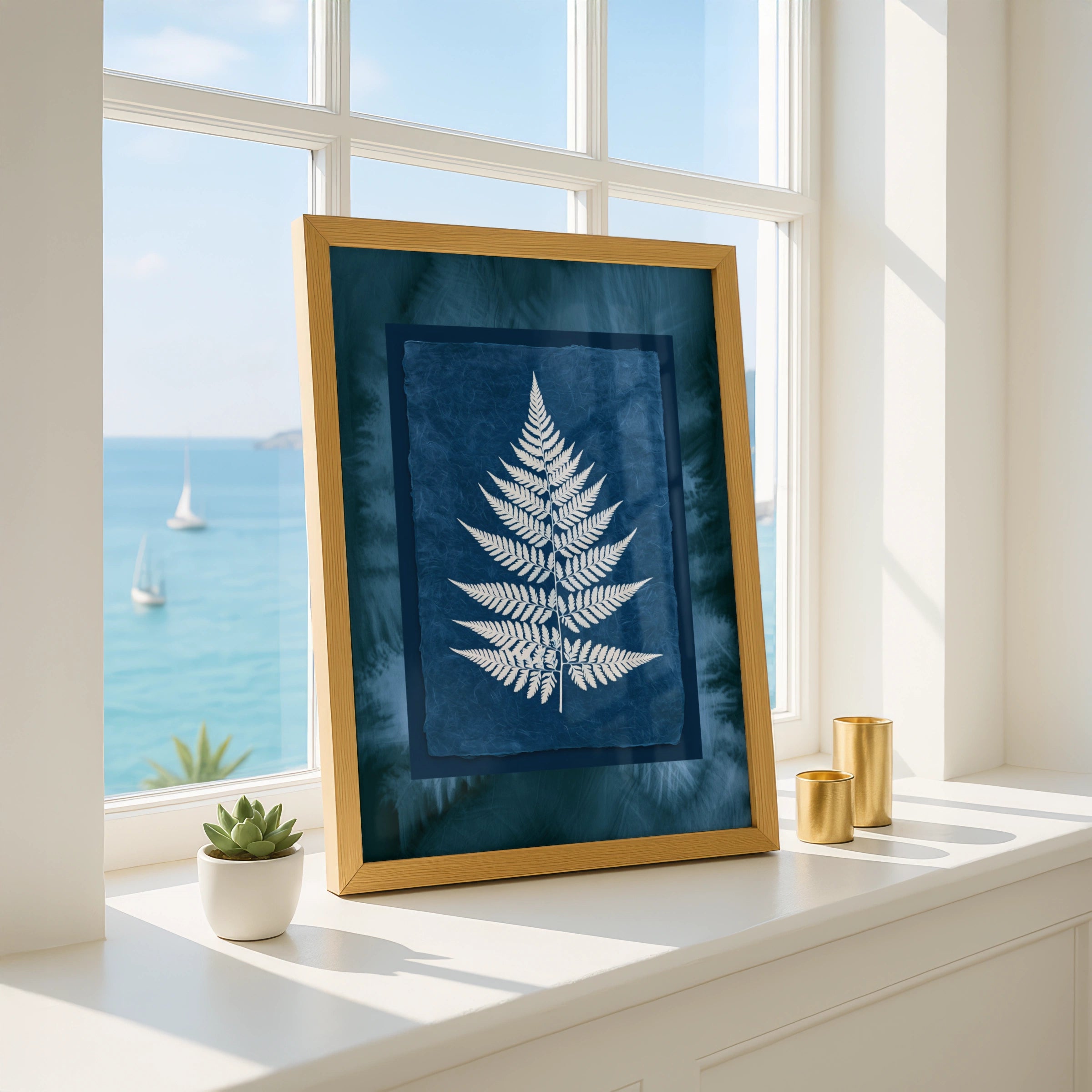 Fern Cyanotype Poster, Navy Blue White Botanical Wall Art Print
