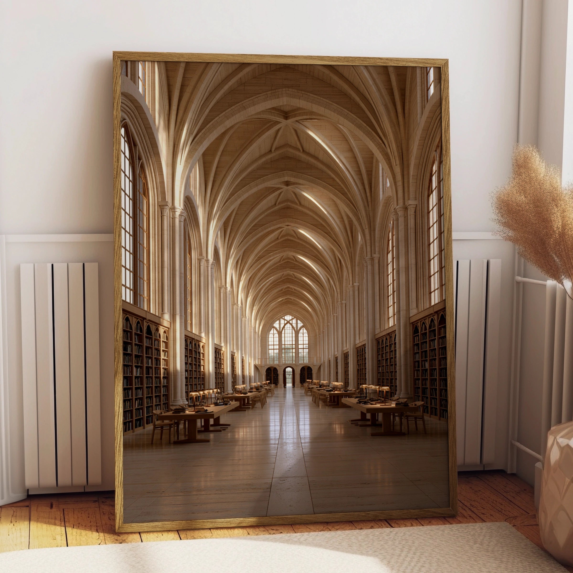 Gothic Library Interior Poster, Vaulted Ceiling Architecture Print, Warm Beige