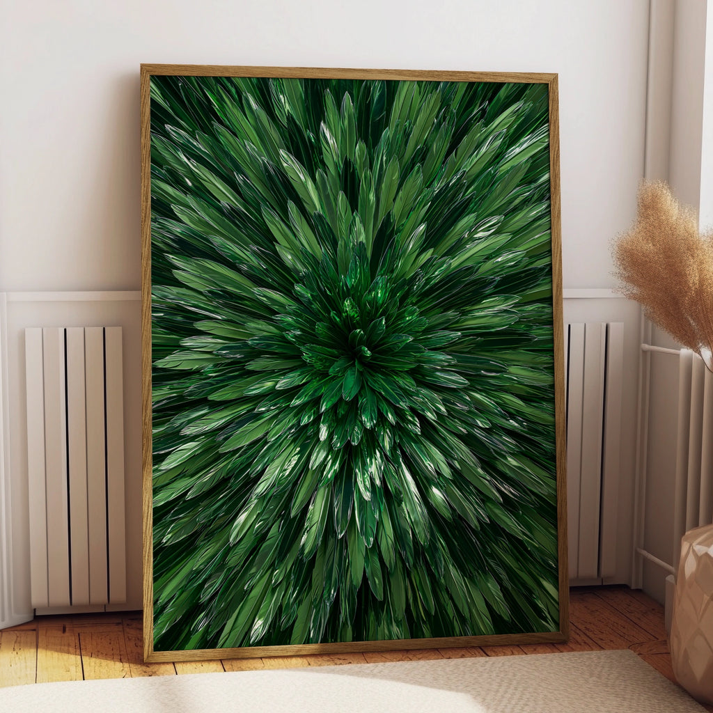Green Feather Burst Wall Art Poster, Emerald Mirror Abstract Print
