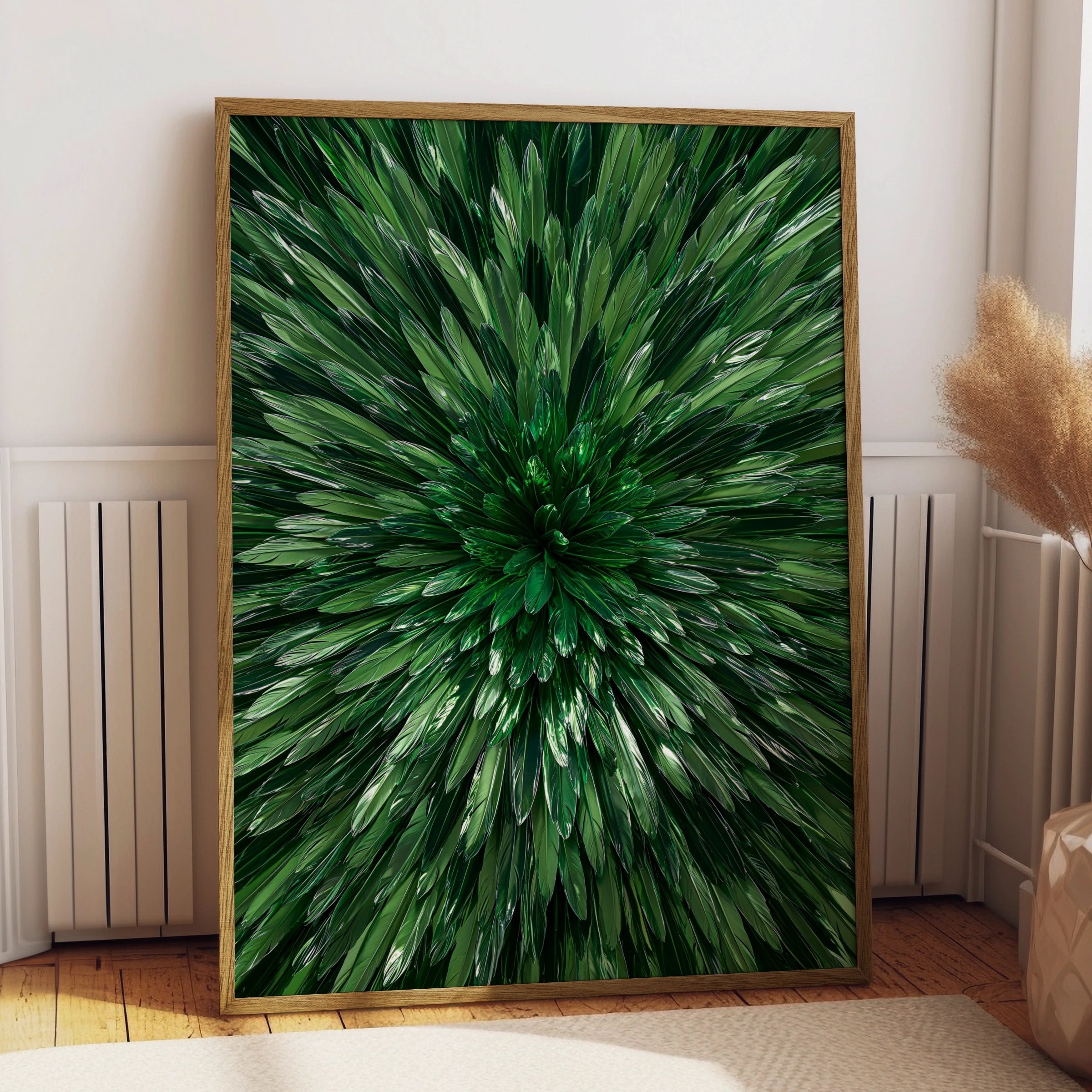Green Feather Burst Wall Art Poster, Emerald Mirror Abstract Print