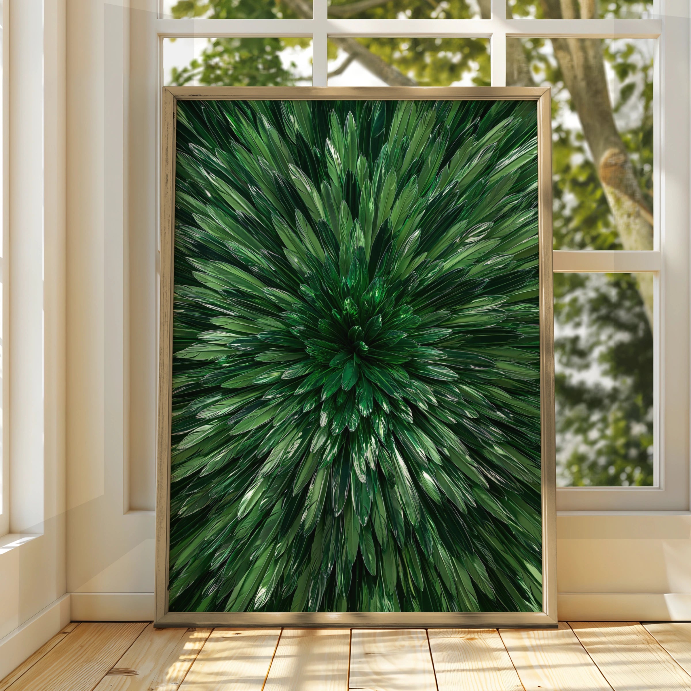 Green Feather Burst Wall Art Poster, Emerald Mirror Abstract Print