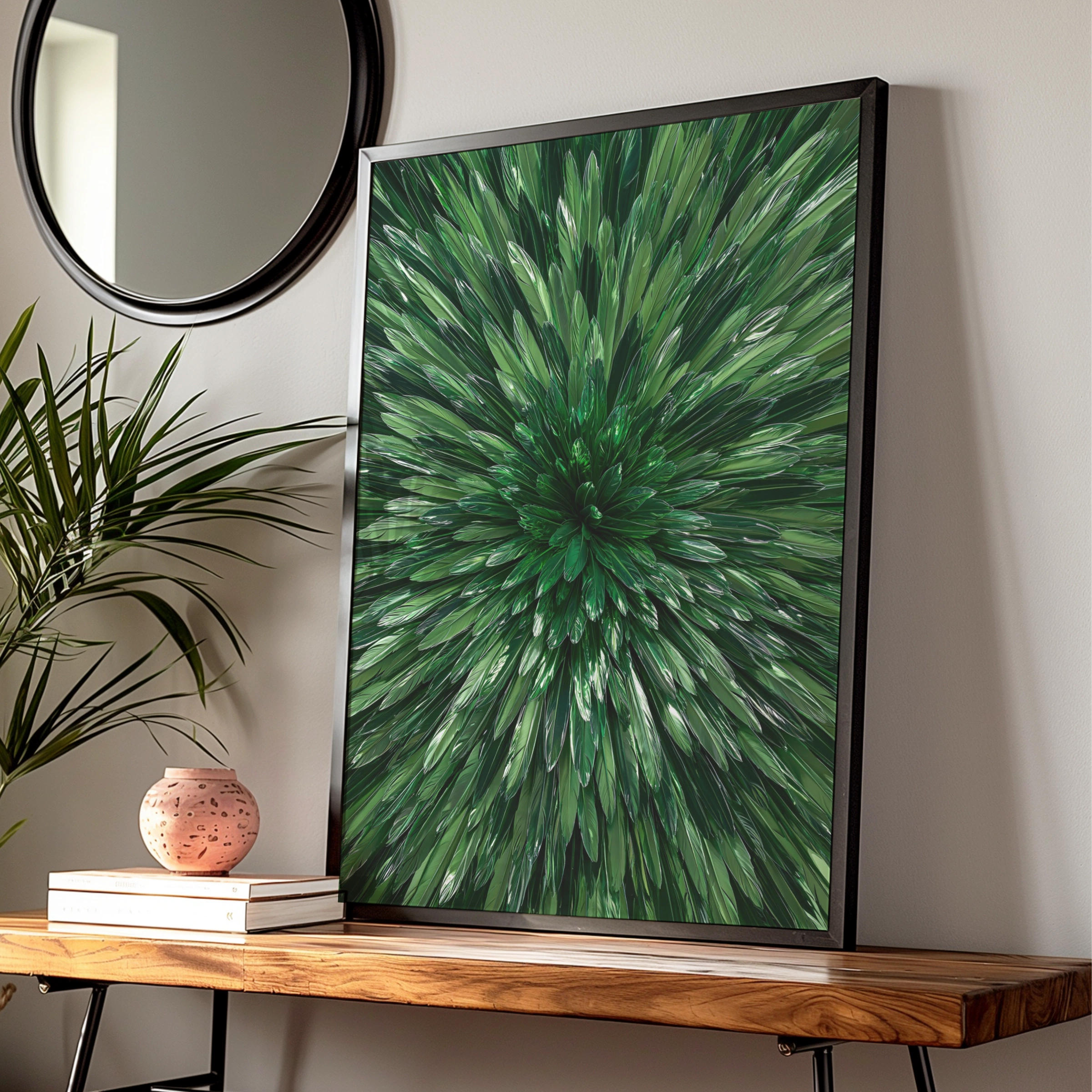 Green Feather Burst Wall Art Poster, Emerald Mirror Abstract Print