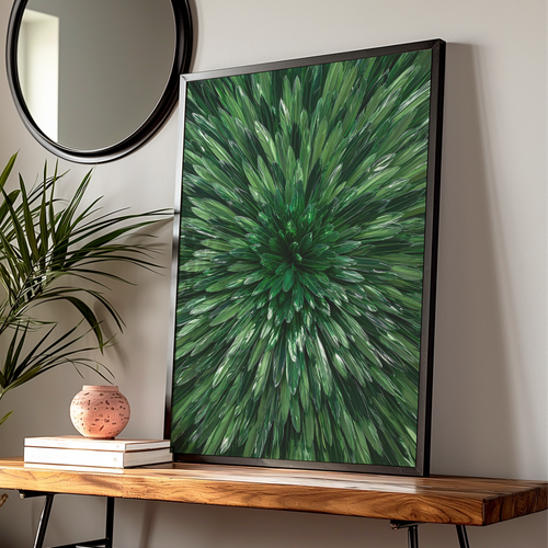 Green Feather Burst Wall Art Poster, Emerald Mirror Abstract Print