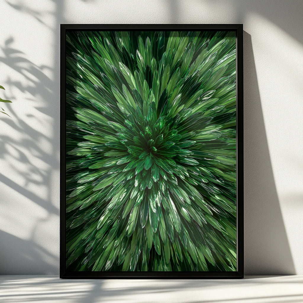 Green Feather Burst Wall Art Poster, Emerald Mirror Abstract Print