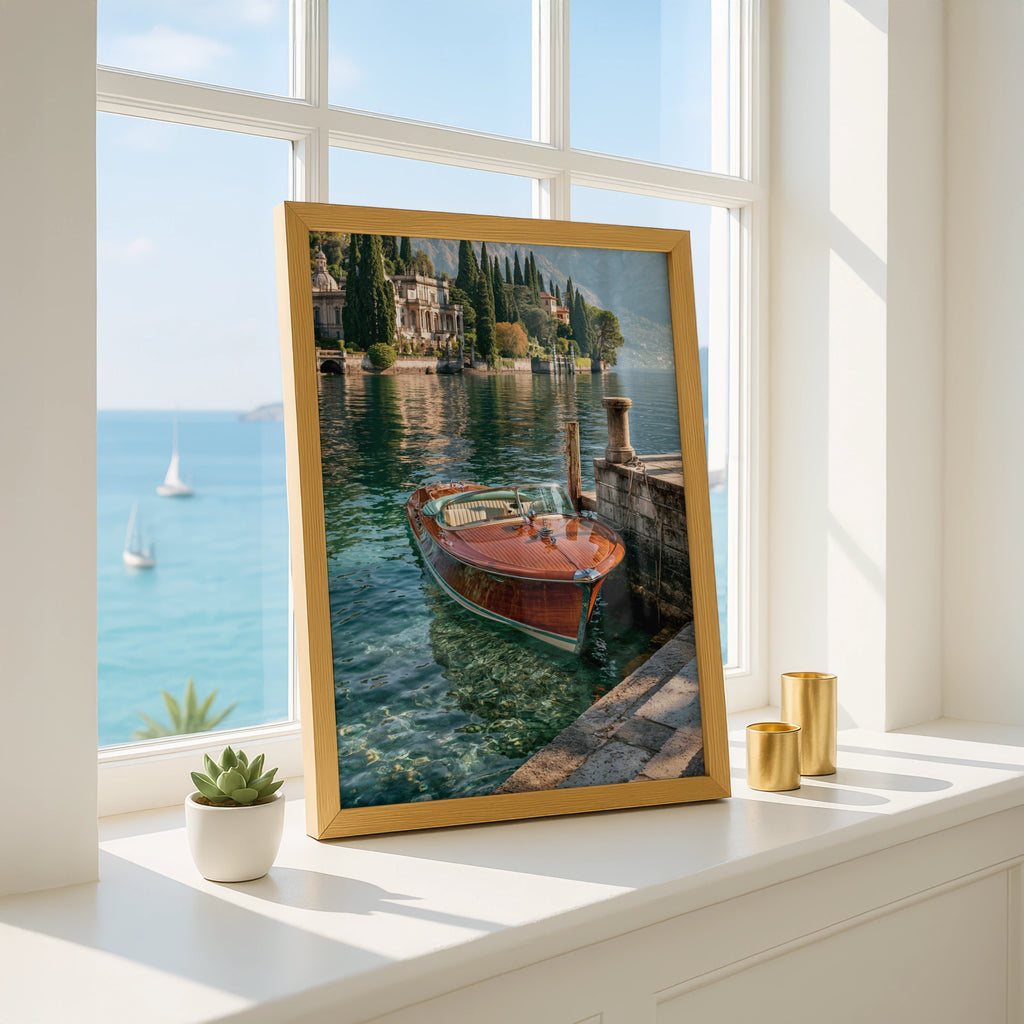 Luxury Wooden Speedboat Lake Como Italy, Wall Art Poster, Vintage Style