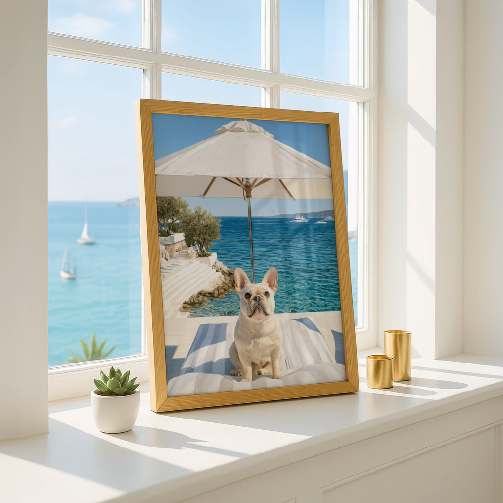 French Bulldog by the Sea, Wall Art Poster, Coastal Summer Print