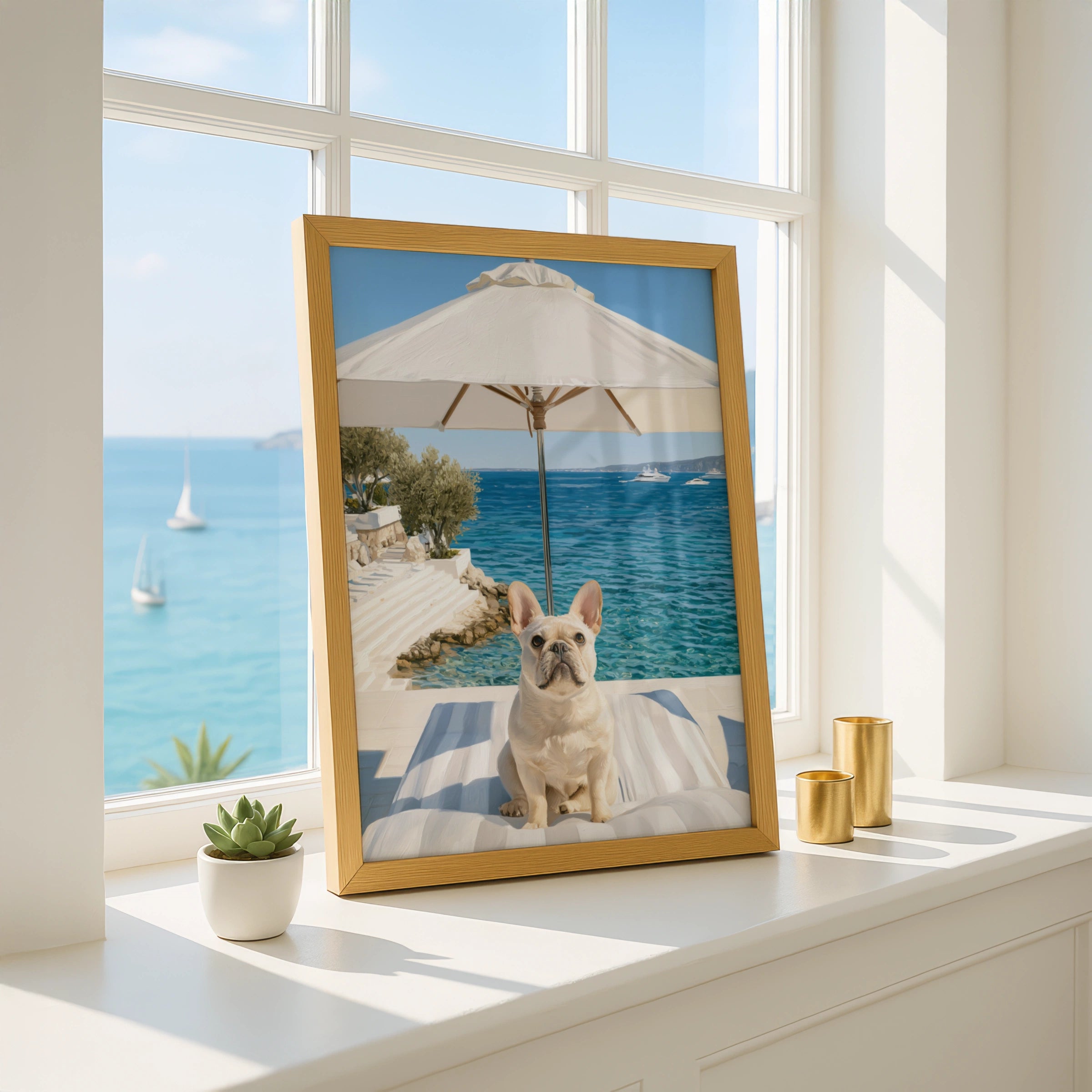 French Bulldog by the Sea, Wall Art Poster, Coastal Summer Print