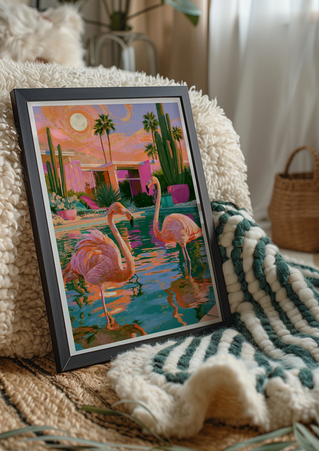 Flamingos Pool Palm Trees Cactus Poster, Mid-Century Desert Art Print