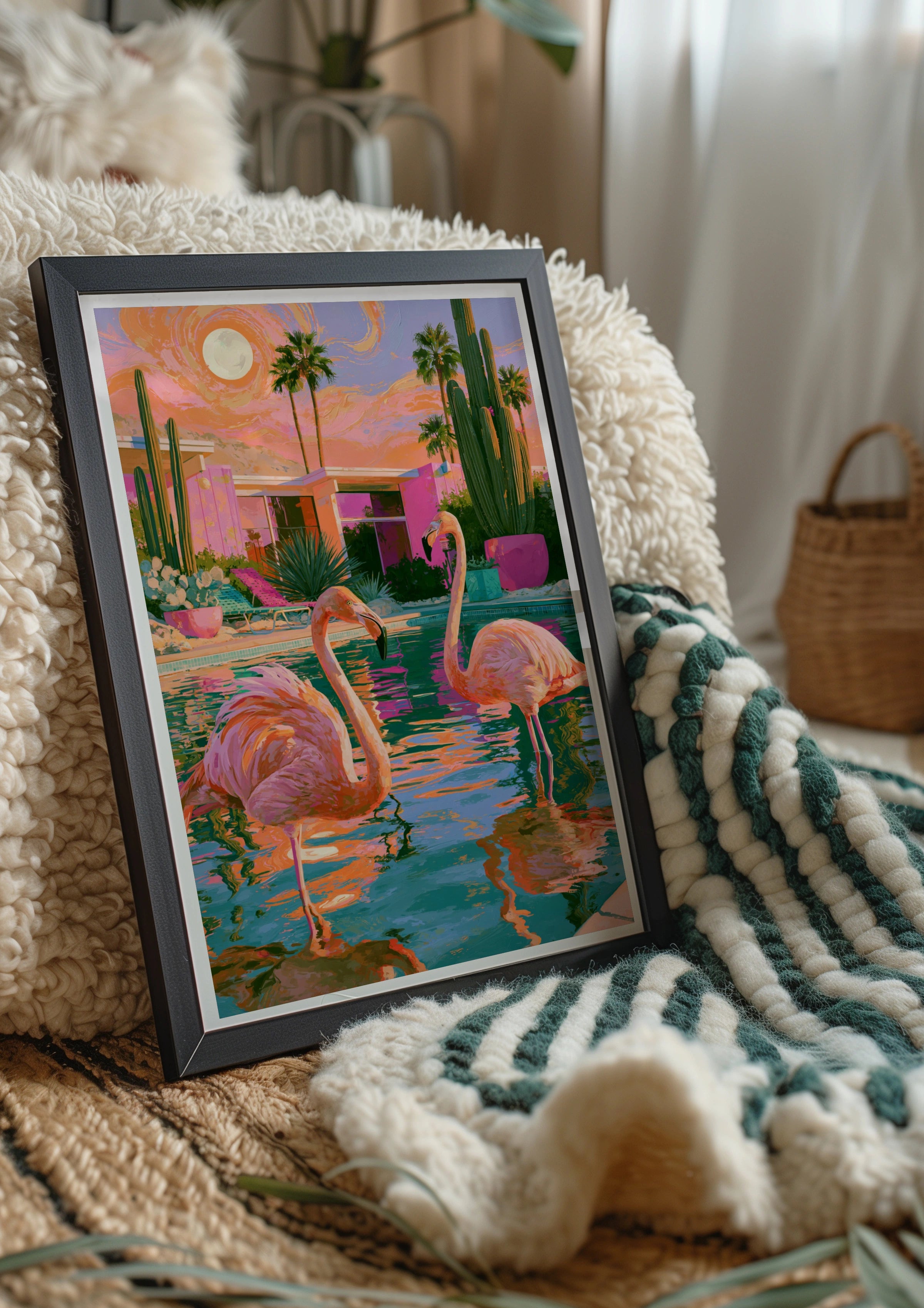 Flamingos Pool Palm Trees Cactus Poster, Mid-Century Desert Art Print