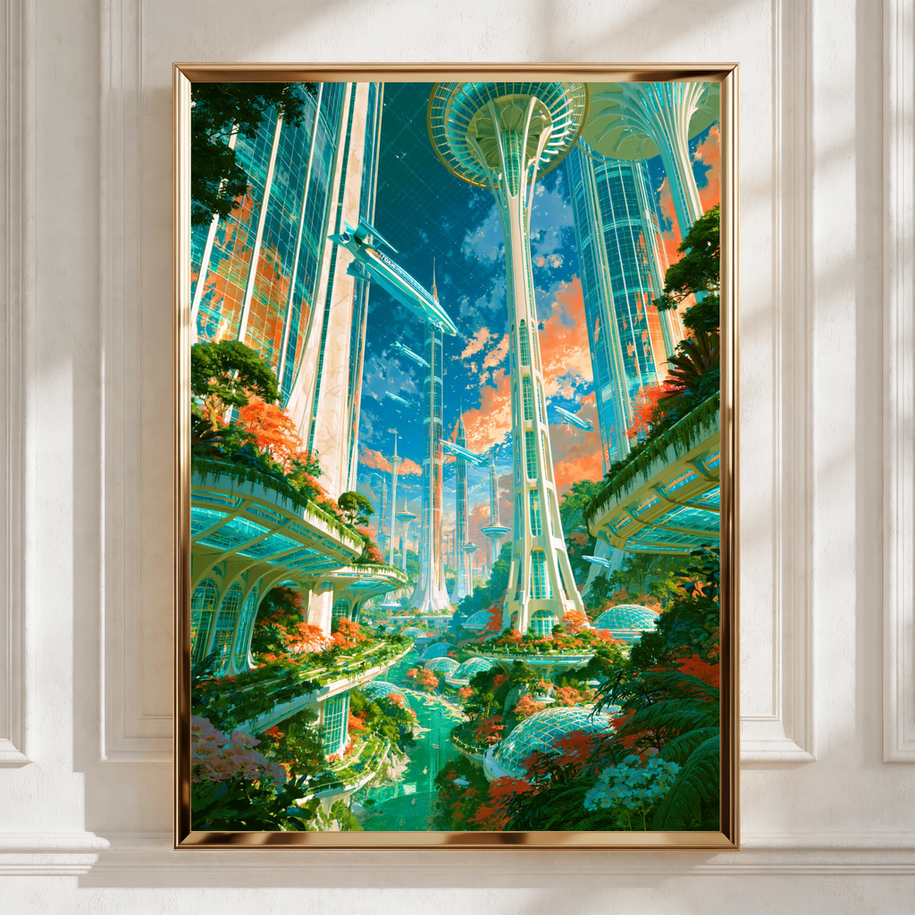 Futuristic Space City Poster, Sci-Fi Cityscape Wall Art, Utopian Print