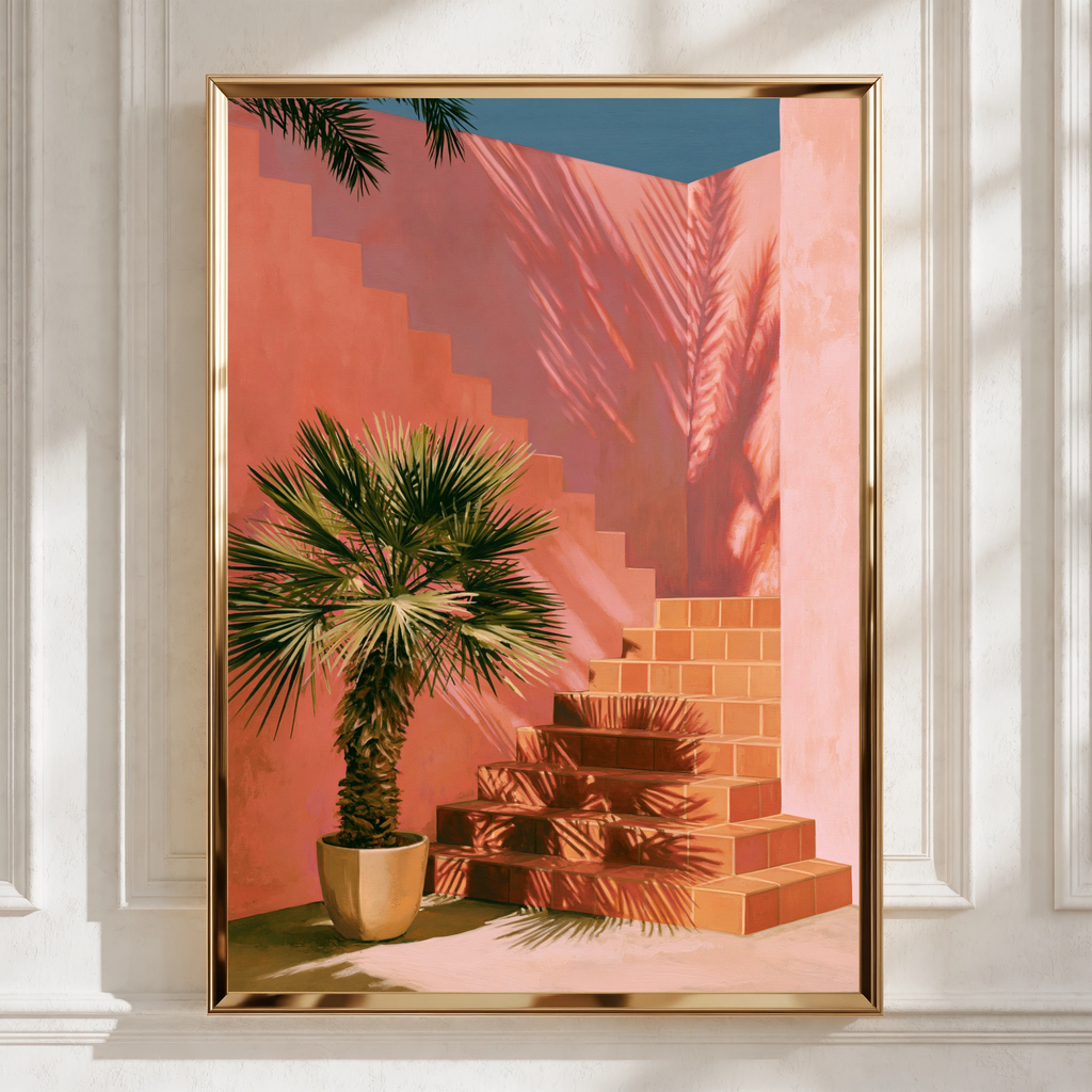 Palm Tree Courtyard Stairs Poster, Mediterranean Architecture, Terracotta Wall Art
