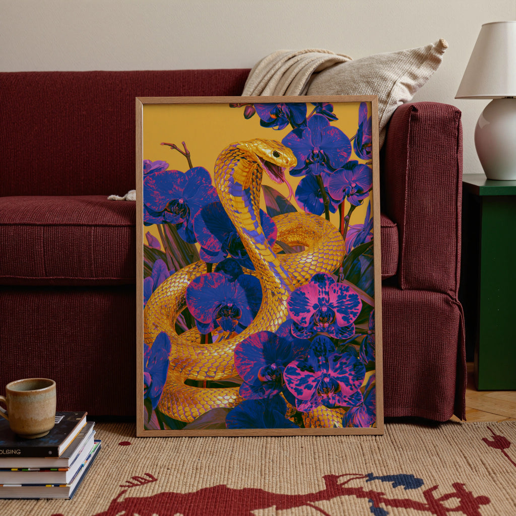 Gold Cobra Snake Orchid Flowers Poster, Bold Purple Yellow Wall Art Print
