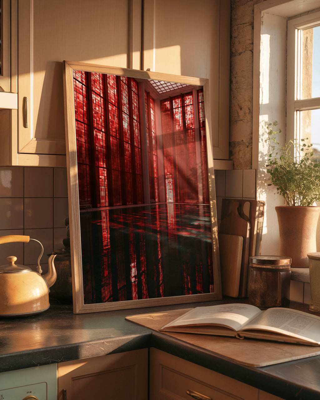 Red Baths Indoor Pool Poster, Art Deco Architecture Print, Dramatic Red Interior