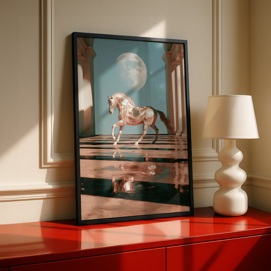 Horse Moon Hall Water Reflection Poster, Surreal Equine Art Print
