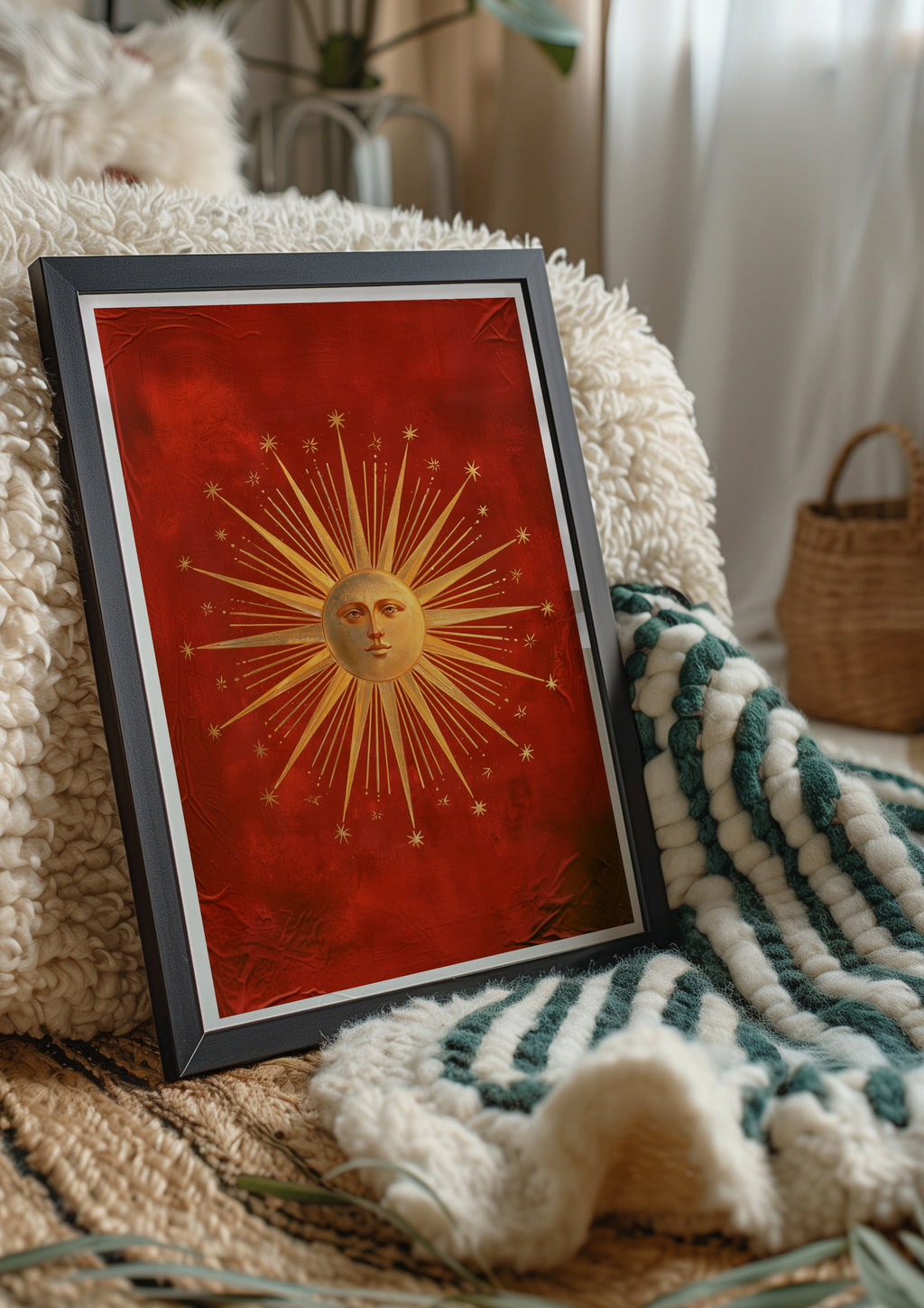 Vintage Tarot Sun Face Poster, Gold Celestial Wall Art, Red Occult Print