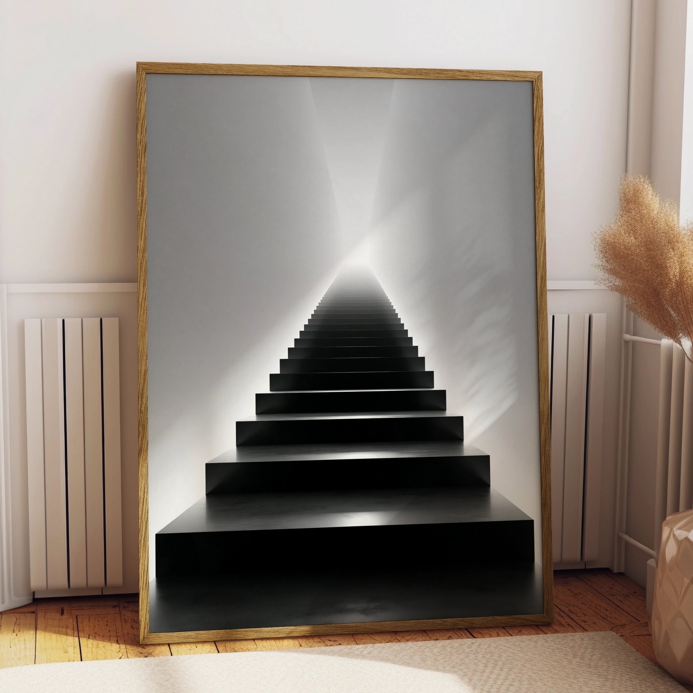 Black Stairway to Light Poster, Minimalist Architecture Print, Monochrome Wall Art