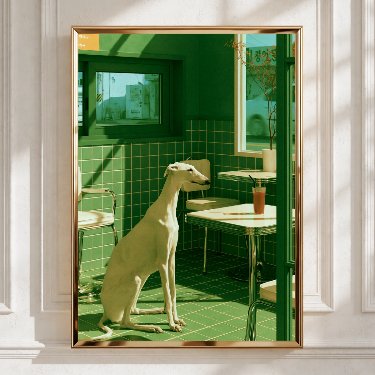 White Greyhound in Green Diner Poster, Surreal Dog Art Print