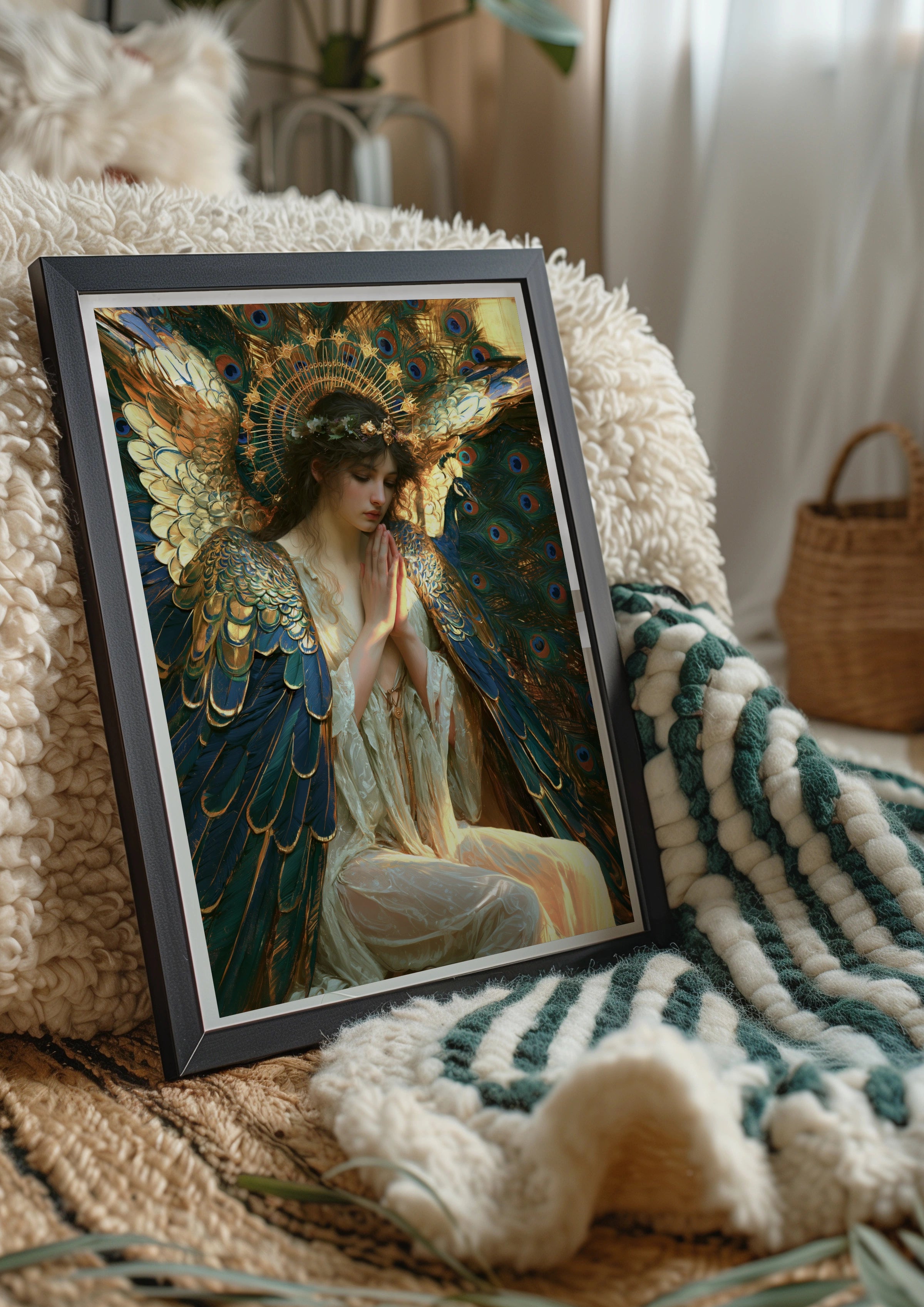 Angel Peacock Feather Wings Wall Art Poster, Pre-Raphaelite Style Print