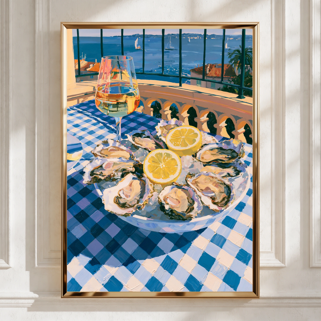 Oysters & White Wine Sea View Poster, French Riviera Kitchen Art Print