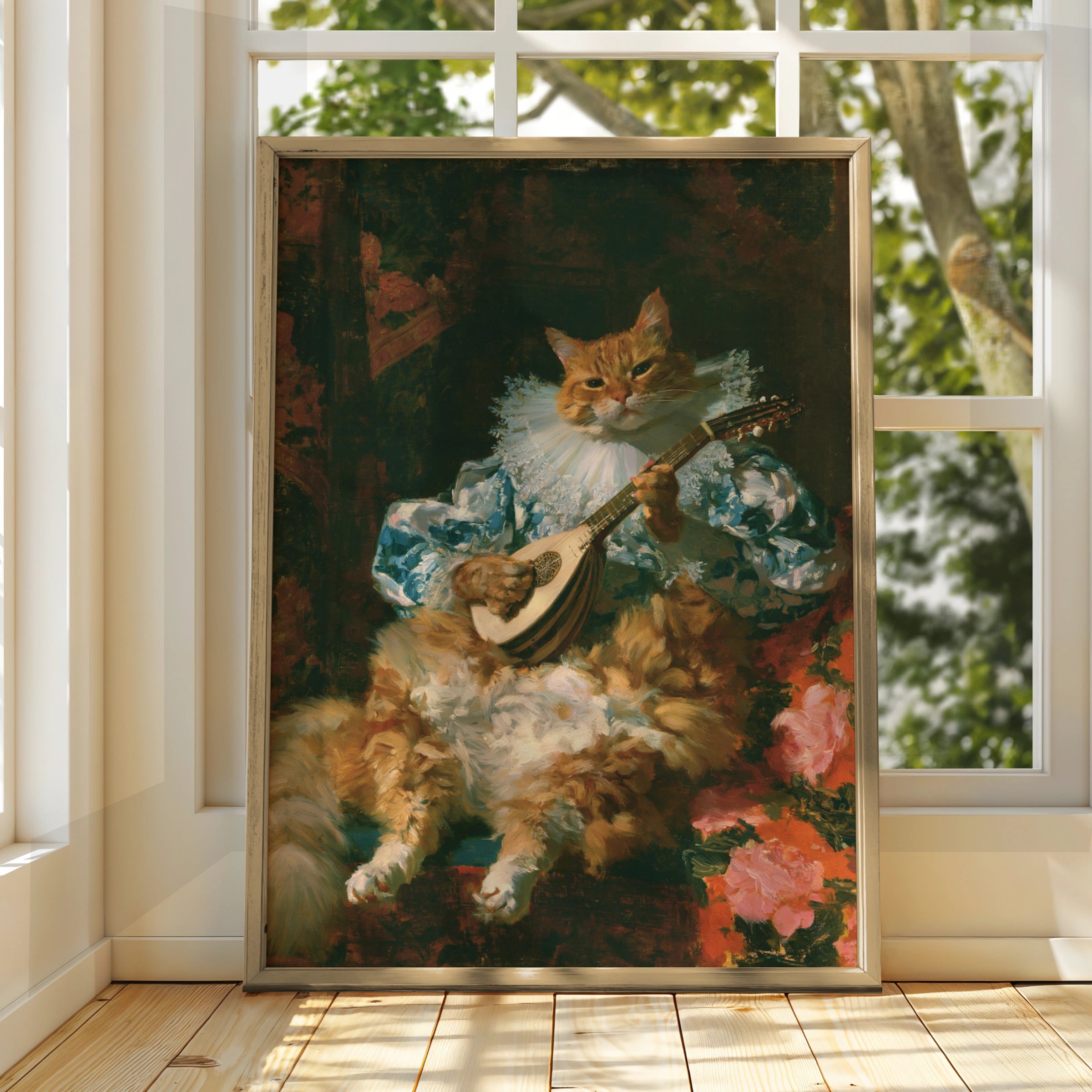 Cat Playing Lute Poster, Baroque Animal Portrait, Renaissance Musician Wall Art