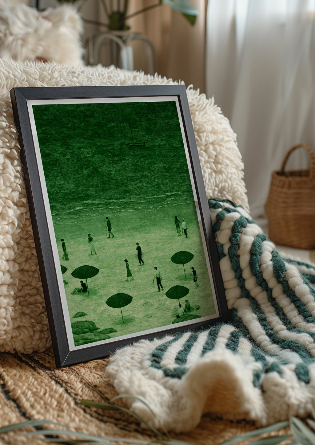 Green Beach Scene Wall Art Poster, Coastal Figures Umbrella Print, Moody Retro Style