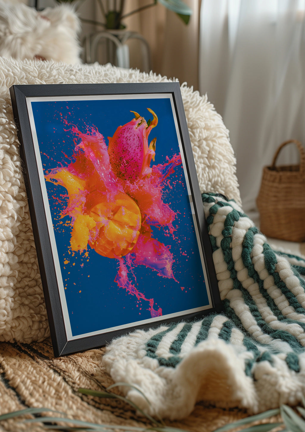 Dragon Fruit Mango Splash Poster, Tropical Fruit Wall Art, Bold Colourful Print
