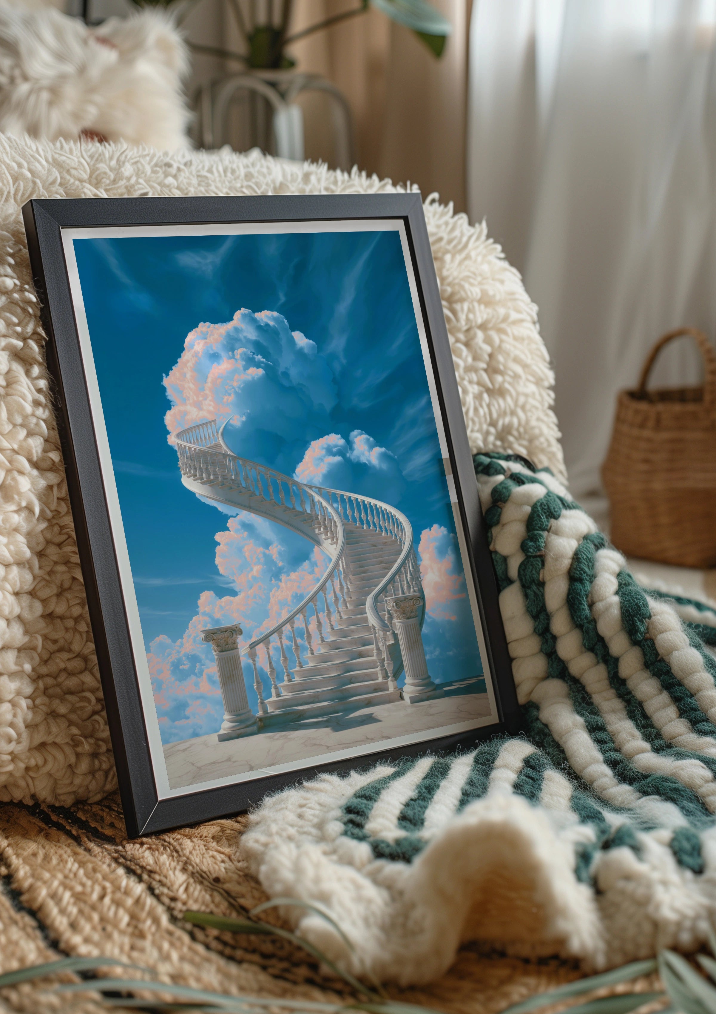Stairway to Heaven Poster, Marble Spiral Staircase, Classical Columns, Sky Art Print