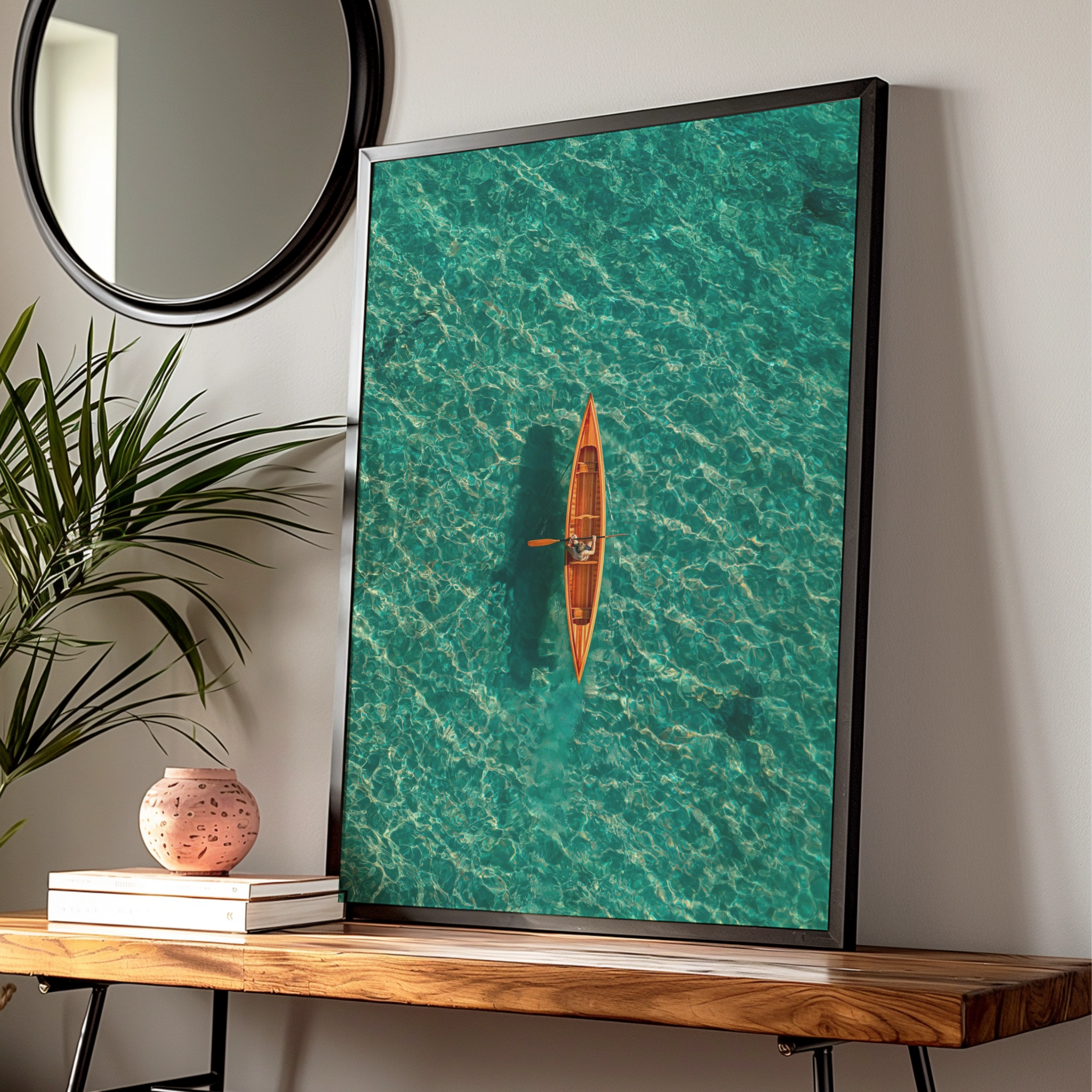 Orange Canoe Kayak Aerial View, Teal Ocean Wall Art Poster, Minimalist