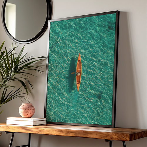Orange Canoe Kayak Aerial View, Teal Ocean Wall Art Poster, Minimalist