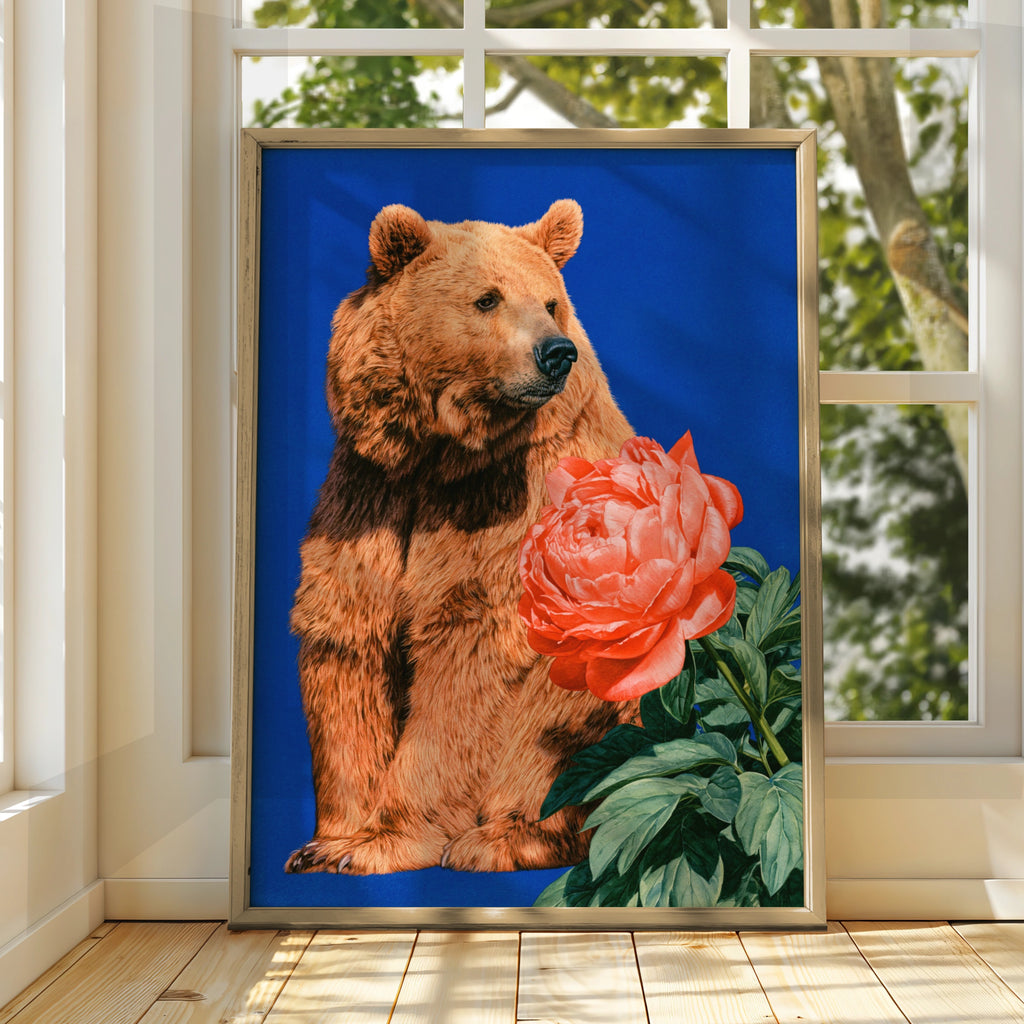 Bear with Pink Peony Flower Poster, Bold Blue Wildlife Floral Wall Art