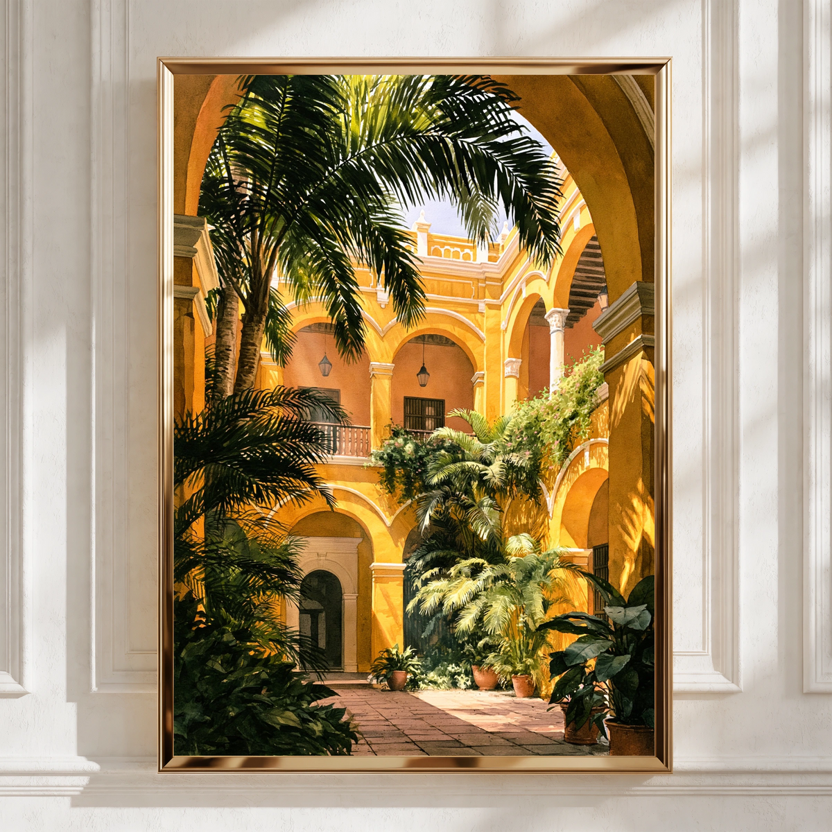 Spanish Courtyard Poster, Yellow Ethnic Architecture Print, Tropical Arches Wall Art